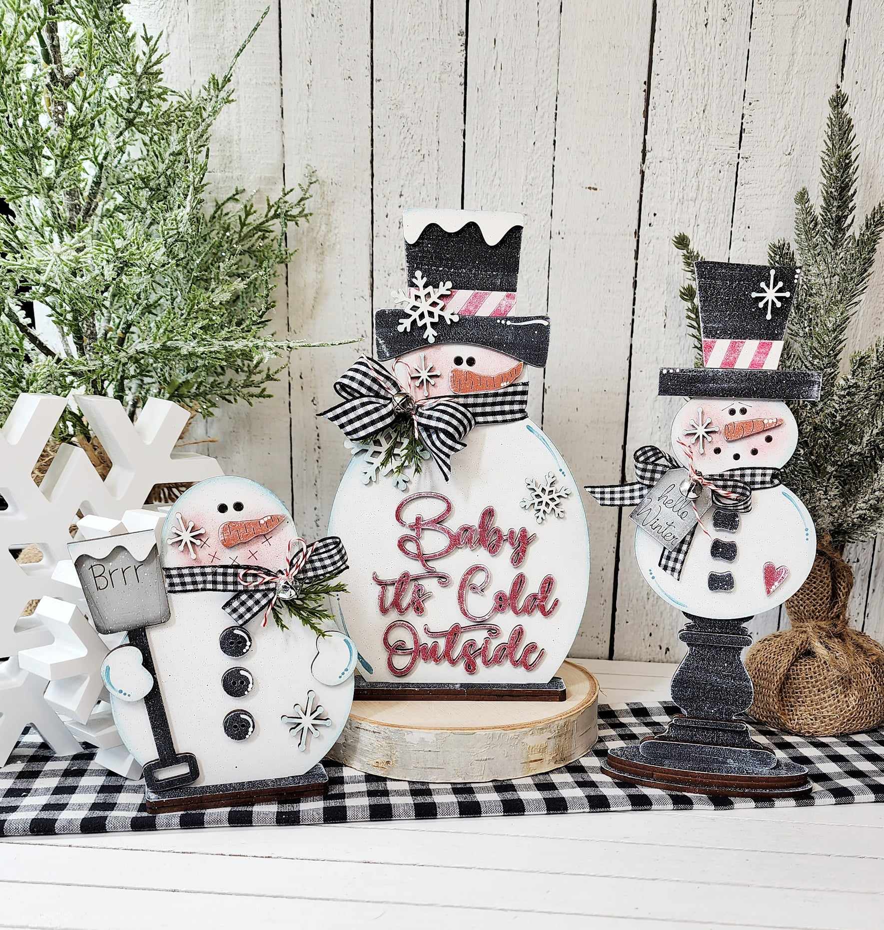 Used Handmade christmas winter shops decoration wooden snowman family of 6